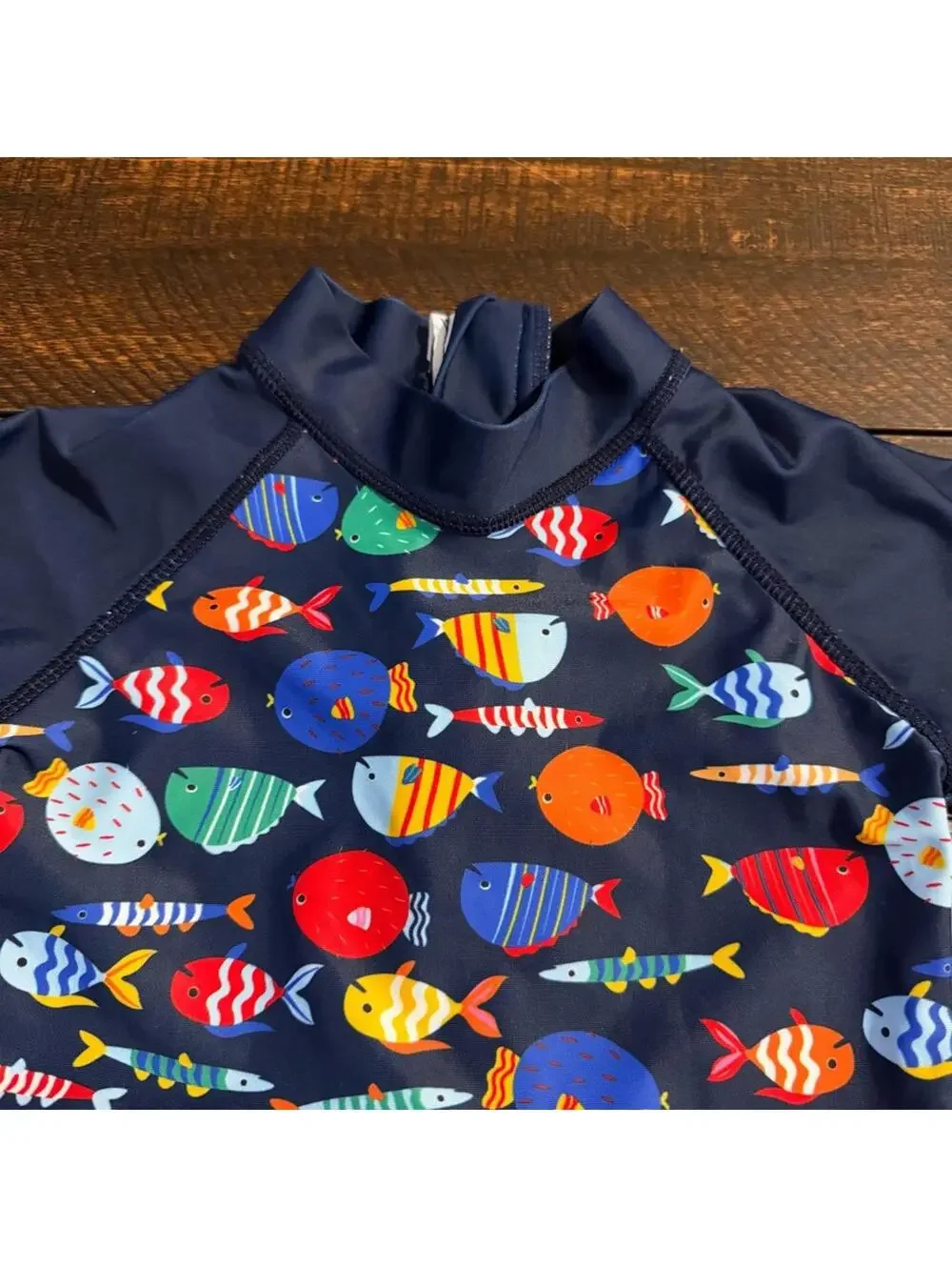 Unbranded Fish Print Long Sleeve Rash Guard Swimsuit Navy Blue 3-6M Kids Swim